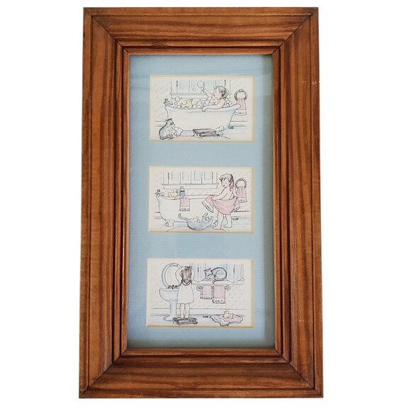 GG Newell Signed Framed Art Print Bathtime Bathtub Bubbles Girl Cat Rubber Ducky - Picture 1 of 9